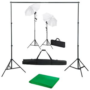 vidaXL Kit estudio fotogr&aacute;fico con tel&oacute;n de fondo, l&aacute;mparas y paraguas