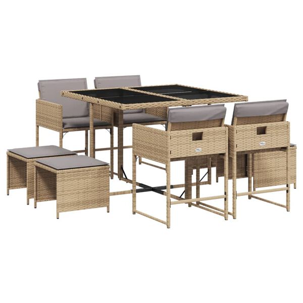 vidaXL Set comedor de jard&iacute;n 9 pzas con cojines rat&aacute;n sint&eacute;tico beige