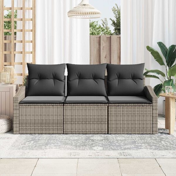 vidaXL Conjunto de sof&aacute;s de jard&iacute;n 3 pcs Gris rat&aacute;n sint&eacute;tico