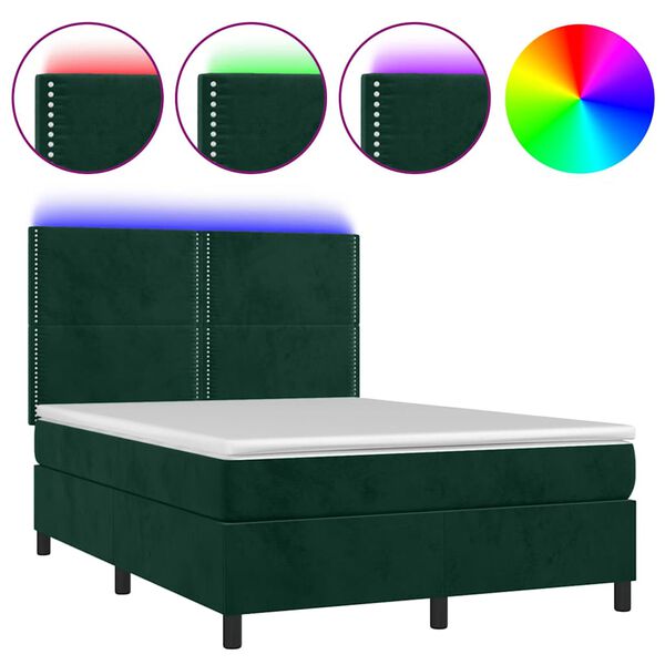 vidaXL Cama box spring colch&oacute;n y LED terciopelo verde oscuro 140x190cm