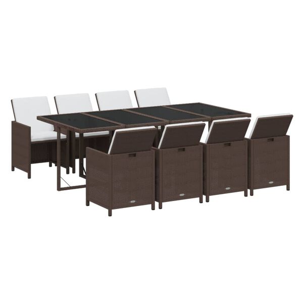 vidaXL Set de comedor jard&iacute;n 9 pzas y cojines rat&aacute;n sint&eacute;tico marr&oacute;n