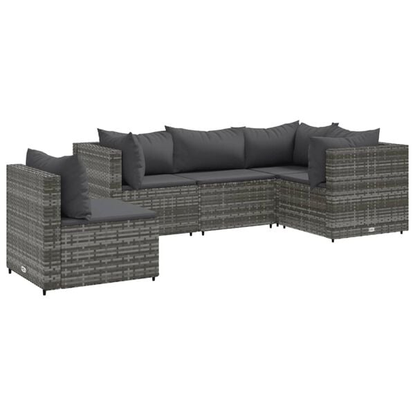 vidaXL Set de muebles de jard&iacute;n 5 pzas y cojines rat&aacute;n sint&eacute;tico gris