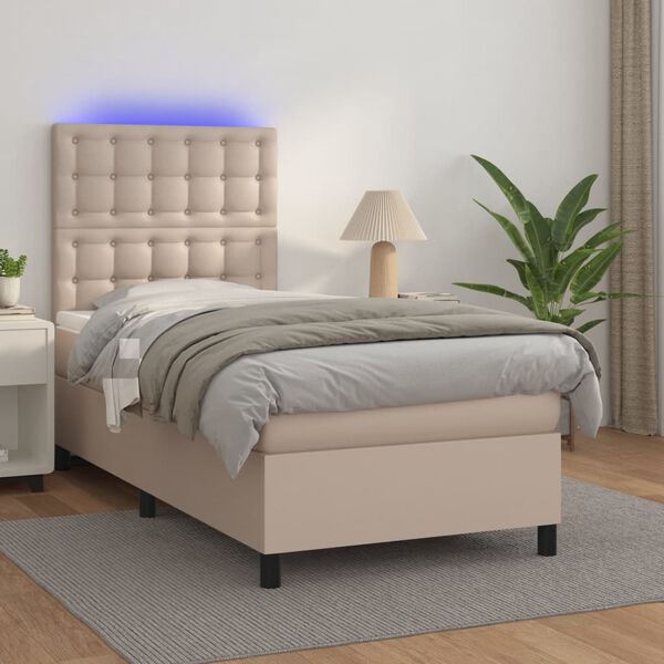 vidaXL Cama box spring colch&oacute;n LED cuero sint&eacute;tico capuchino 100x200cm