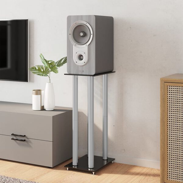 vidaXL Soportes altavoces 2 uds vidrio templado plata negro 4 pilares
