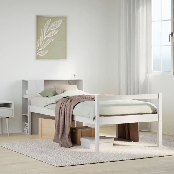 vidaXL Cama con estanter&iacute;a sin colch&oacute;n madera maciza blanco 90x200 cm