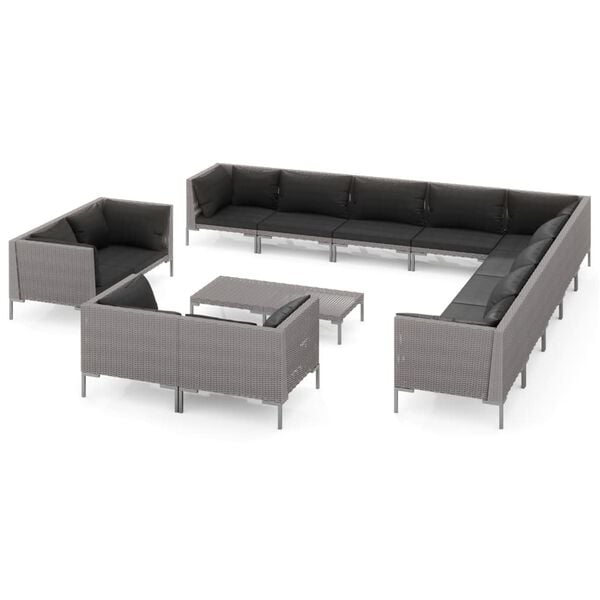 vidaXL Muebles de jard&iacute;n 14 pzas y cojines rat&aacute;n sint&eacute;tico gris oscuro