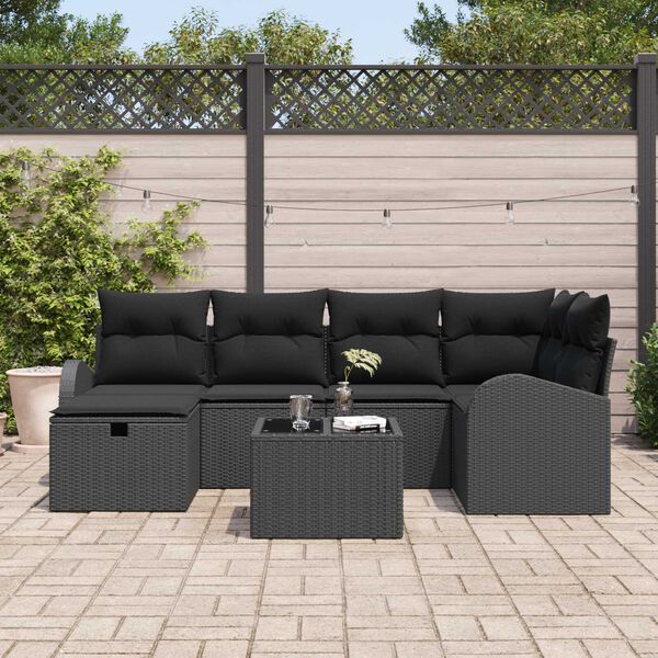 vidaXL Conjunto de sof&aacute; de jard&iacute;n con coj&iacute;n 7 pcs Negro Polirat&aacute;n