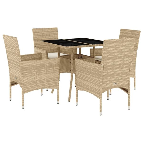 vidaXL Set comedor jard&iacute;n 5 pzas cojines rat&aacute;n sint&eacute;tico vidrio beige