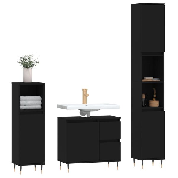 vidaXL Juego de muebles de ba&ntilde;o 3 pzas madera contrachapada negro