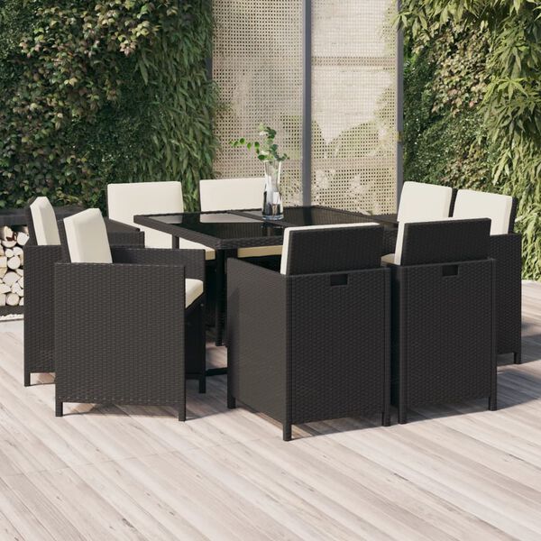 vidaXL Set de comedor de jardín 9 pzas y cojines ratán sintético negro