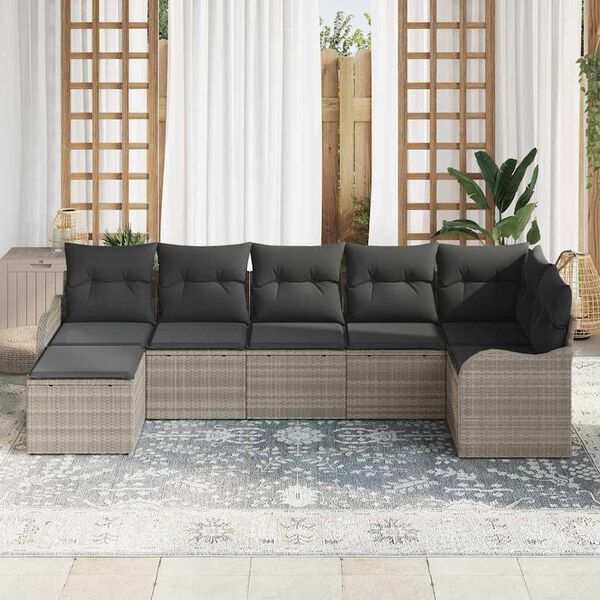 vidaXL Conjunto de sof&aacute; de jard&iacute;n 7 pcs Gris claro rat&aacute;n sint&eacute;tico