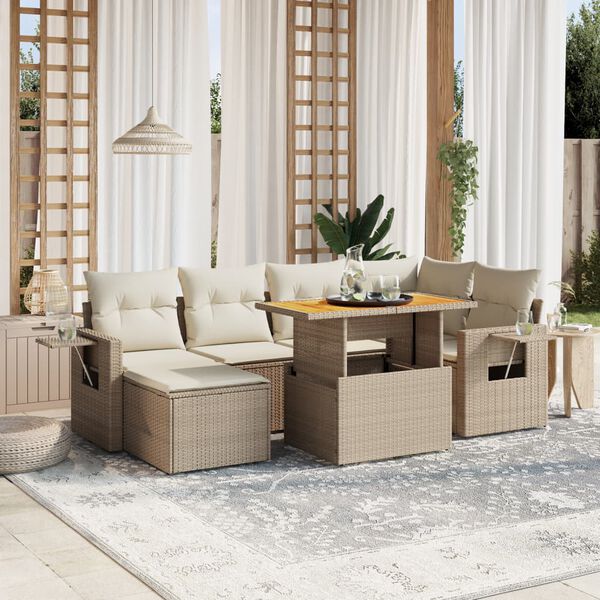 vidaXL Set sof&aacute;s de jard&iacute;n 7 piezas y cojines rat&aacute;n sint&eacute;tico beige