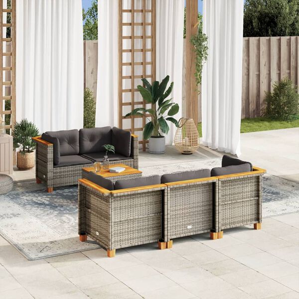 vidaXL Set de muebles de jard&iacute;n 6 pzas y cojines rat&aacute;n sint&eacute;tico gris