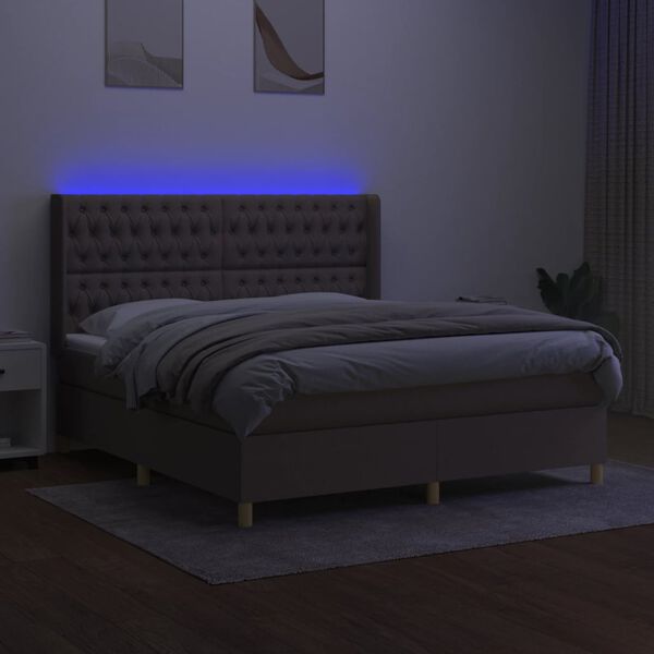 vidaXL Cama box spring colch&oacute;n y luces LED tela gris taupe 180x200 cm