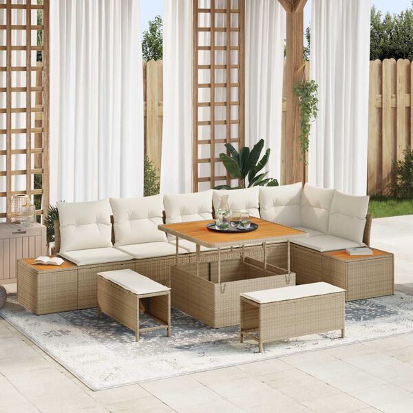 vidaXL Conjunto de sof&aacute;s de jard&iacute;n con coj&iacute;n 9 pcs Beige Polirat&aacute;n