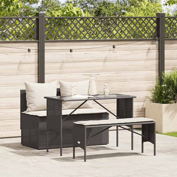 vidaXL Set comedor de jard&iacute;n 3 pzas con cojines rat&aacute;n sint&eacute;tico negro