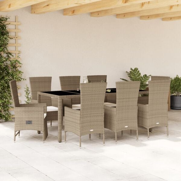 vidaXL Set comedor de jard&iacute;n 9 pzas con cojines rat&aacute;n sint&eacute;tico beige