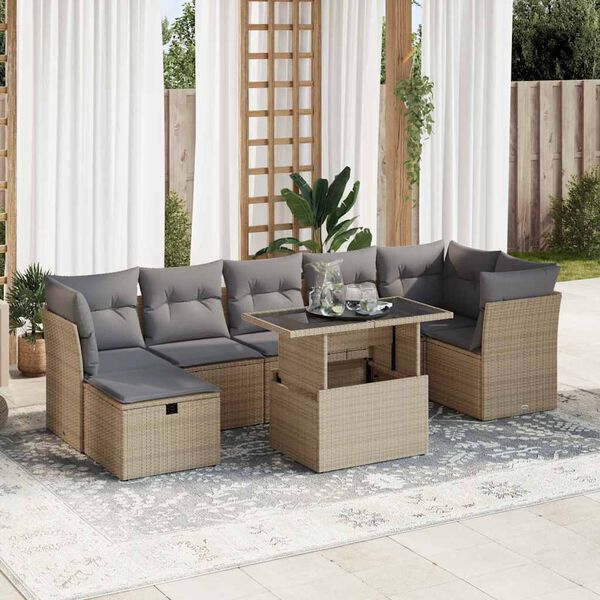 vidaXL Set de sof&aacute;s de jard&iacute;n y cojines 8 piezas rat&aacute;n sint&eacute;tico beige