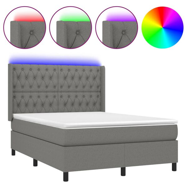 vidaXL Cama box spring colch&oacute;n y luces LED tela gris oscuro 140x200 cm