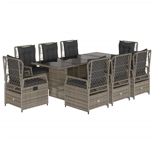 vidaXL Set comedor jard&iacute;n 9 pzas y cojines rat&aacute;n sint&eacute;tico gris