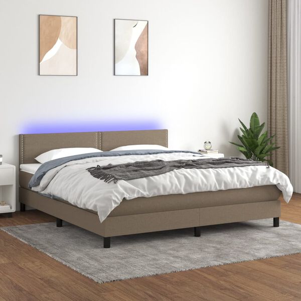 vidaXL Cama box spring colch&oacute;n y luces LED tela gris taupe 180x200 cm