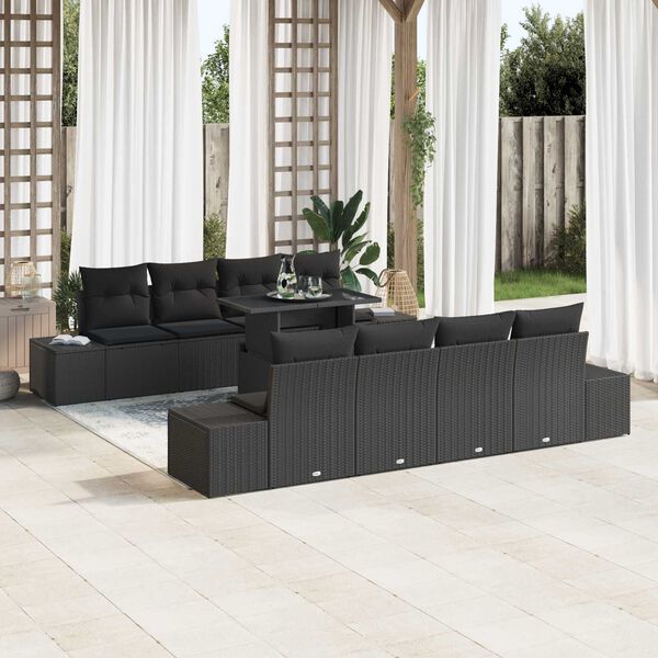 vidaXL Conjunto de sof&aacute; de jard&iacute;n 9 pcs Negro rat&aacute;n sint&eacute;tico