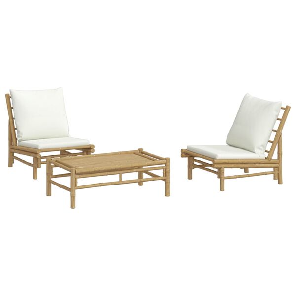 vidaXL Set de muebles de jardín 3 piezas bambú y cojines blanco crema