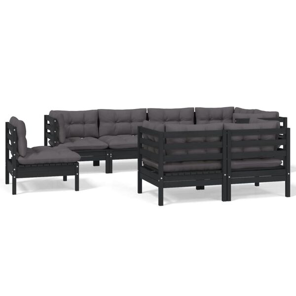 vidaXL Muebles de jard&iacute;n 8 pzas y cojines negro madera maciza de pino