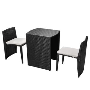 vidaXL Mesa y sillas bistr&oacute; jard&iacute;n 3 pzas y cojines poli rat&aacute;n negro