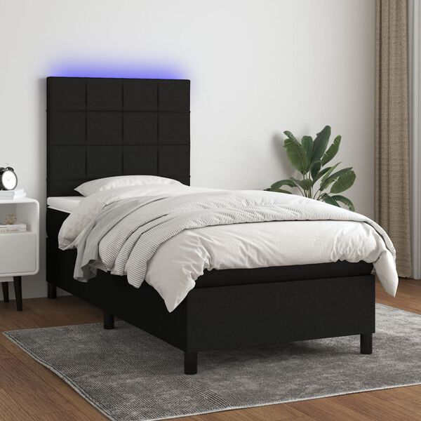 vidaXL Cama box spring colch&oacute;n y luces LED tela negro 90x190 cm