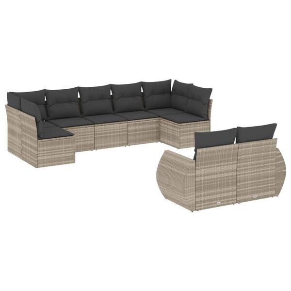 vidaXL Set muebles jard&iacute;n 9 pzas y cojines rat&aacute;n sint&eacute;tico gris claro