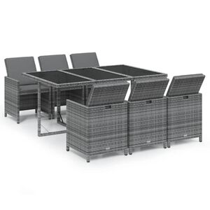 vidaXL Set comedor jard&iacute;n 7 pzas y cojines rat&aacute;n sint&eacute;tico gris