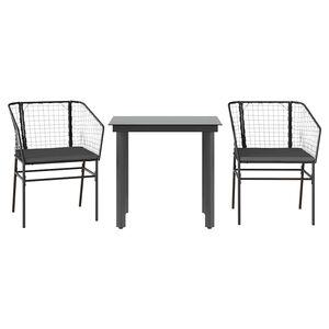 vidaXL Set comedor jardín 3 pzas cojines ratán sintético vidrio negro