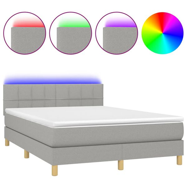 vidaXL Cama box spring colch&oacute;n y luces LED tela gris claro 140x190 cm