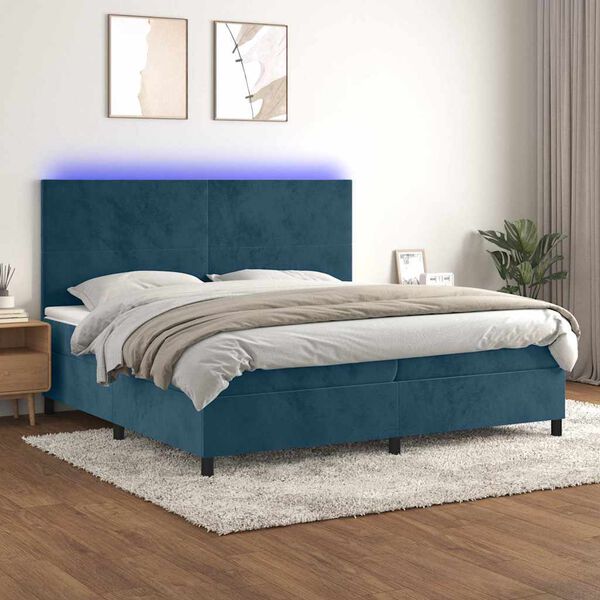 vidaXL Cama box spring colch&oacute;n y LED terciopelo azul oscuro 200x200 cm