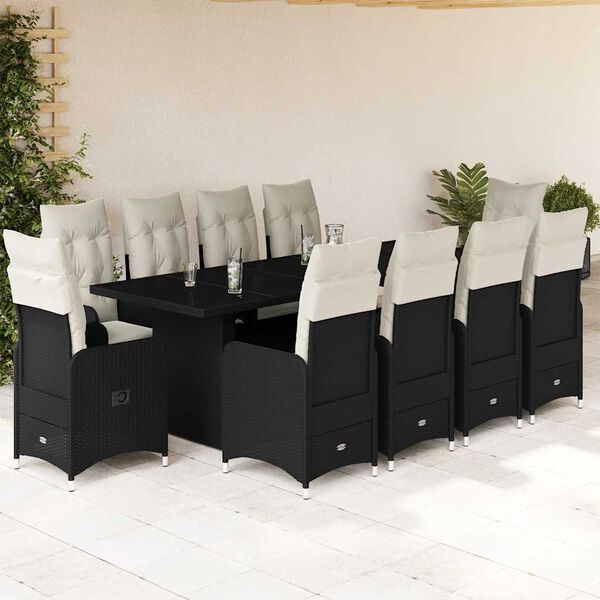 vidaXL Set de mesa y sillas de jard&iacute;n y cojines 11 pzas rat&aacute;n PE negro