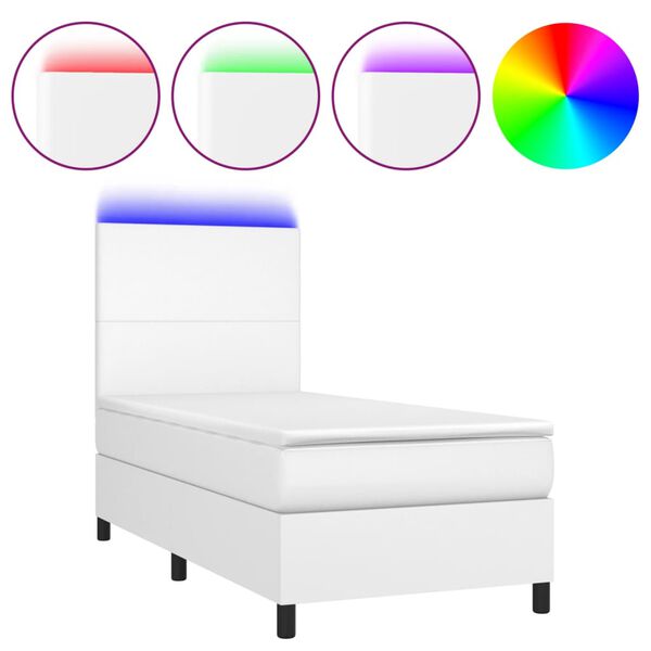 vidaXL Cama box spring y colch&oacute;n LED cuero sint&eacute;tico blanco 90x190 cm