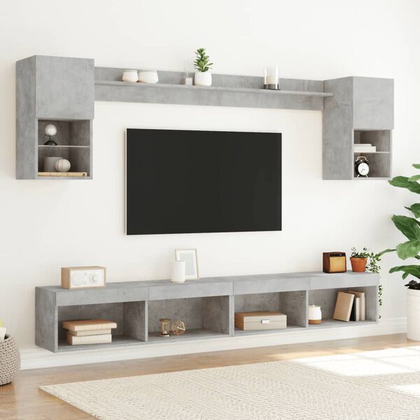 vidaXL Muebles TV pared con LED 6 pzas madera ingenier&iacute;a gris hormig&oacute;n