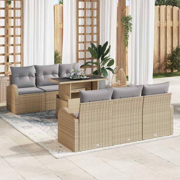 vidaXL Conjunto de sof&aacute; de jard&iacute;n con coj&iacute;n 7 pcs Beige Polirat&aacute;n