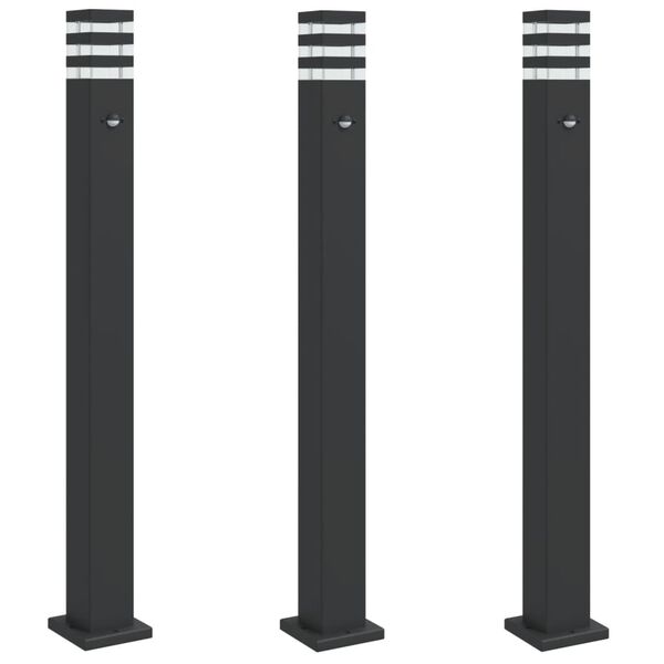 vidaXL L&aacute;mparas suelo exterior con sensor 3 uds aluminio negro 110 cm