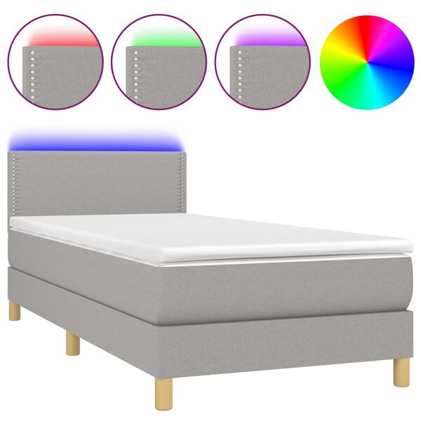 vidaXL Cama box spring colch&oacute;n y luces LED tela gris claro 90x200 cm
