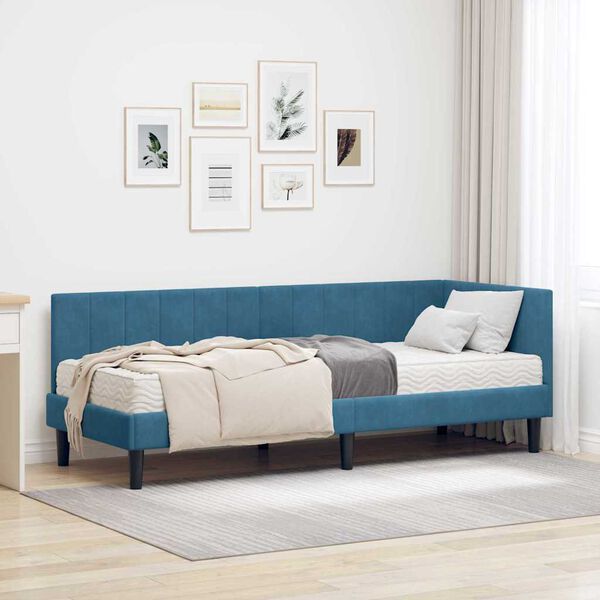 vidaXL Estructura de Cama Esquina con Colch&oacute;n 2 pcs Azul Terciopelo