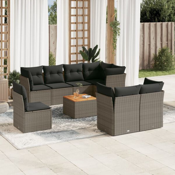 vidaXL Set de muebles de jard&iacute;n 9 pzas y cojines rat&aacute;n sint&eacute;tico gris