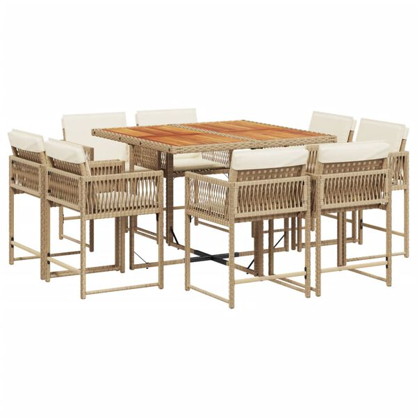 vidaXL Set comedor de jard&iacute;n 9 pzas con cojines rat&aacute;n sint&eacute;tico beige