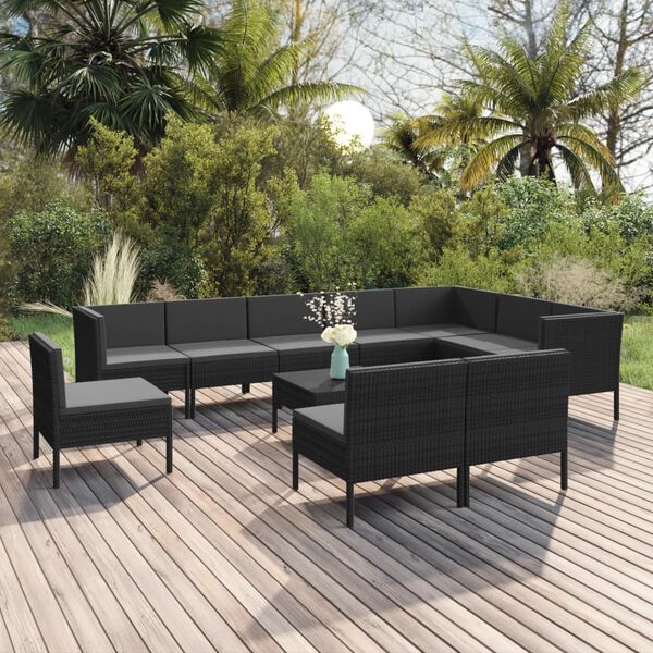 vidaXL Set de muebles de jard&iacute;n 11 pzas cojines rat&aacute;n sint&eacute;tico negro