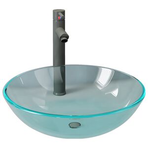 vidaXL Lavabo de ba&ntilde;o con grifo y desag&uuml;e de empuje vidrio templado