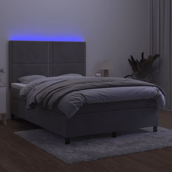 vidaXL Cama box spring colch&oacute;n y LED terciopelo gris claro 140x200 cm