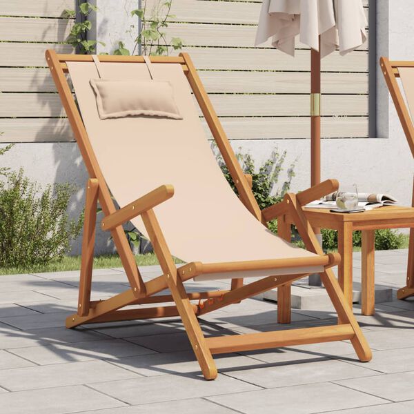 vidaXL Silla de playa plegable madera maciza de eucalipto y tela beige