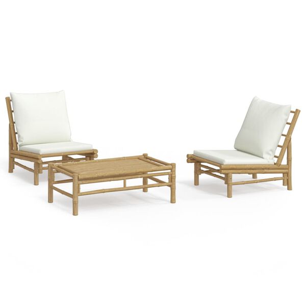 vidaXL Set de muebles de jardín 3 piezas bambú y cojines blanco crema