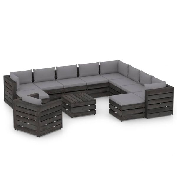vidaXL Muebles de jard&iacute;n 12 piezas con cojines madera impregnada gris